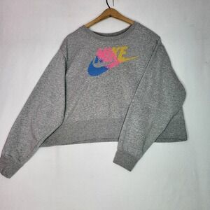 Nike Womens 1X Cropped Fleece Sweatshirt Grey Pixelated/Cross-stitch Pullover